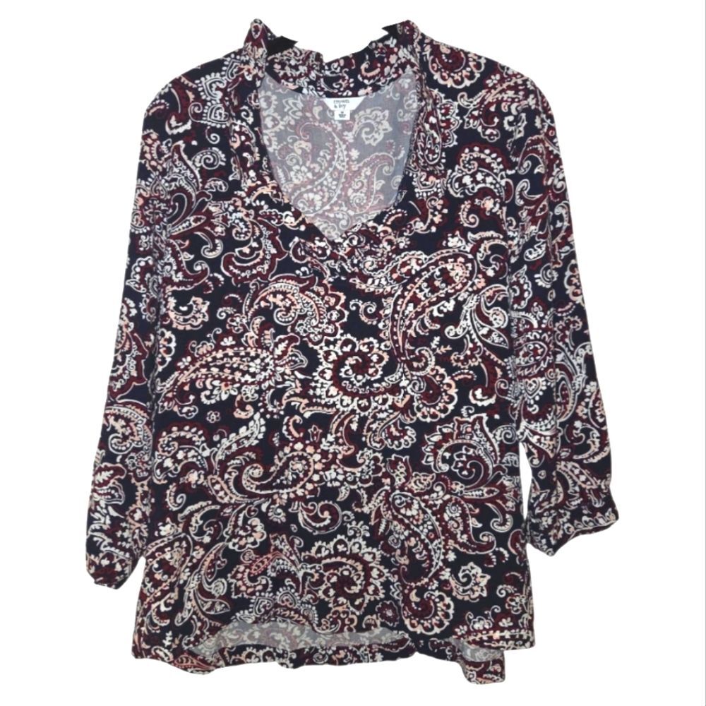 Crown & Ivy Paisley Print Ruffle Neck Boho Blouse